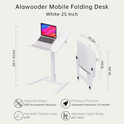alawooder 25" Mobile Folding Desk: Pneumatic Sit-Stand, No Assembly | 29-42" Height Adjustable Rolling Laptop Desk, Hidden Wheels, 0-90° Tilt Top. Ideal for Home Office, Craft & Study.