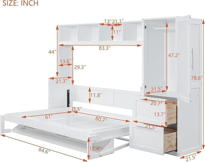 Virubi Queen Murphy Bed with Storage Shelves,Drawers and Wardrobe Closet,Wood Folding Murphy Wall Bed Cabinet (White)