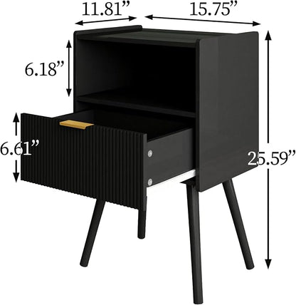 Veegle Nightstand,Modern Bedside Table with Storage Drawer and Open Wood Shelf, Accent Night Stand with Solid Wood Legs for Living Room, Bedroom and Small Spaces,Easy Assembly (Black)