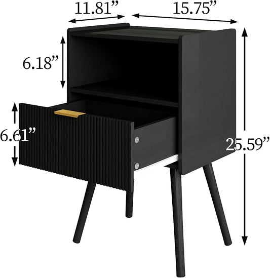 Veegle Nightstand,Modern Bedside Table with Storage Drawer and Open Wood Shelf, Accent Night Stand with Solid Wood Legs for Living Room, Bedroom and Small Spaces,Easy Assembly (Black)