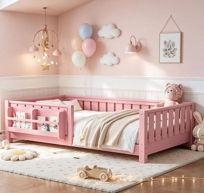 Bellemave Twin Size Floor Bed with high Rails and with Built-in Bookshelf for Kids, Girls, Boys, Wood Montessori Floor Bed Without Door, Pink