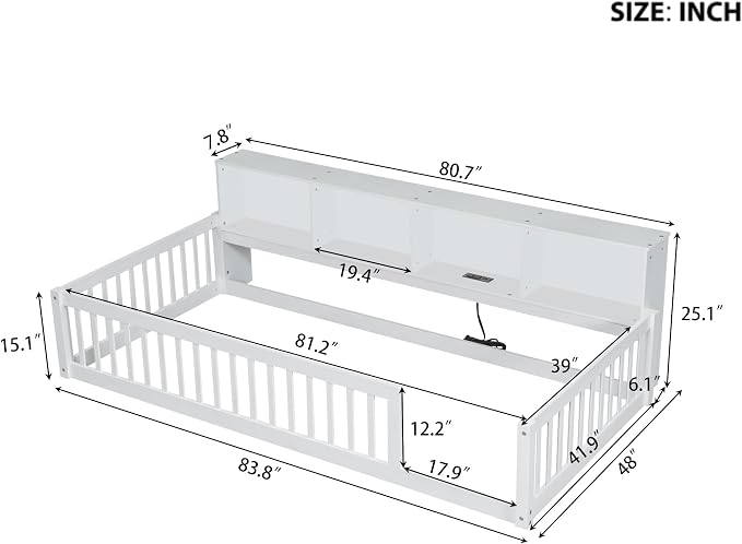 Bellemave Kids Montessori Floor Bed Twin XL Size,Floor Bed Frame with Bookcase and Charging Station for Kids Boys Girls,White