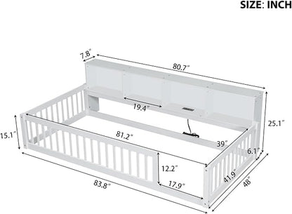 Bellemave Kids Montessori Floor Bed Twin XL Size,Floor Bed Frame with Bookcase and Charging Station for Kids Boys Girls,White