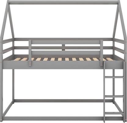 Merax Wood Montessori Bunk Bed with Ladder Twin Over Twin, Low Bunk Bed for Boys, Girls Space-Saving,No Box Spring Needed Gray