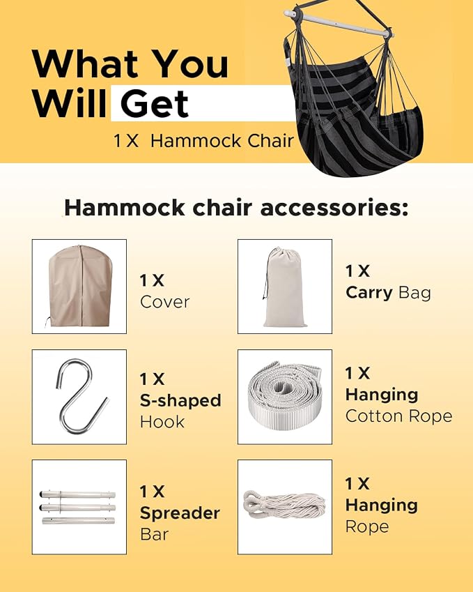 ADVOKAIR Hammock Chair Swing, Heavy-Duty Hanging Rope Swing Seat Supports 500 Lbs, Ideal for Outdoor Patio, Backyard, Porch, Deck & Indoor Bedroom Use