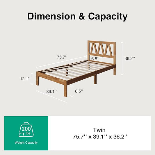Novilla 12inch Twin Bed Frame Wooden Twin Size Bed Frame, Solid Wood Twin Size Bed Frame with Headboard No Box Spring Needed, Easy Assembly, Natural