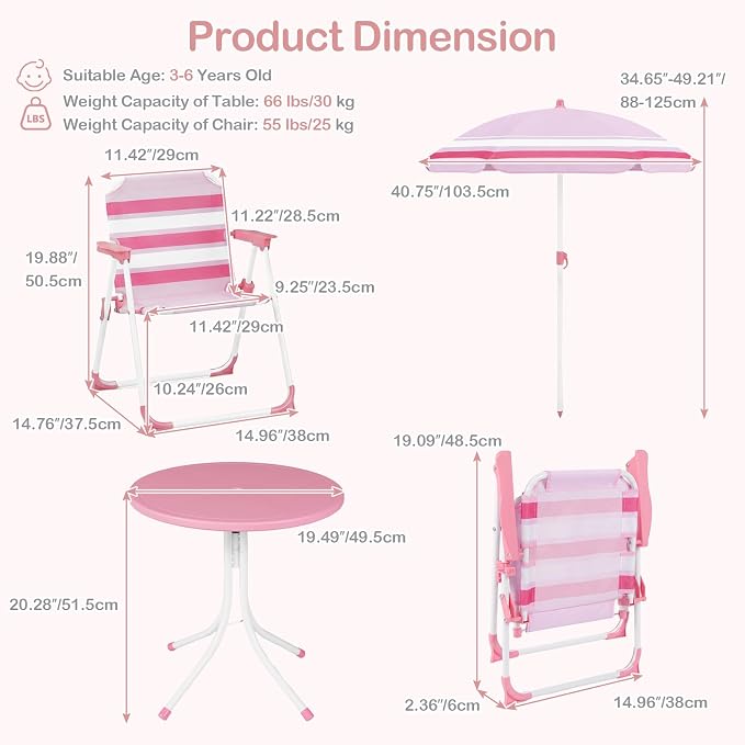 Olakids Kids Picnic Table, Outdoor Toddler Patio Furniture Set with 2 Folding Chairs Adjustable Foldable Umbrella for Garden Backyard Beach (Pink)