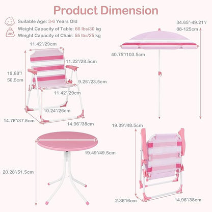 Olakids Kids Picnic Table, Outdoor Toddler Patio Furniture Set with 2 Folding Chairs Adjustable Foldable Umbrella for Garden Backyard Beach (Pink)