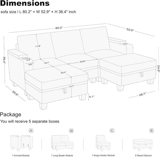 Belffin Small Corner Modular Sectional Couches for Living Room U Shaped Couch with Cup Holder White Couch
