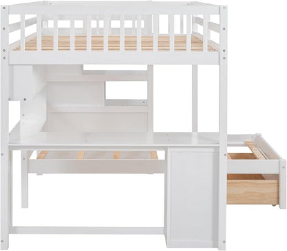 Merax Full Over Twin Bunk Bed with Desk, Drawers and Shelves, White