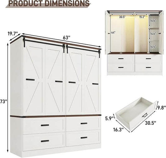 Farmhouse 4 Doors Armoire Wardrobe Closet w/Folding Sliding Barn Door and Lights, LED Armoire Closet w/Drawers for Bedroom, Freestanding Wooden Wardrobe Storage Closets w/Hanging Rod,Antique White