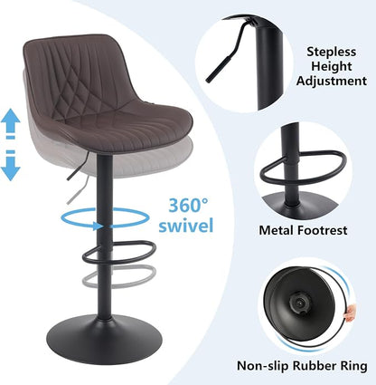 YOUTASTE Bar Stools Set of 2, Adjustable Swivel Counter Height Barstools with Back, Brown Faux Leather Upholstered Bar Chairs with Metal Base, Stools for Kitchen Island or Home Bar