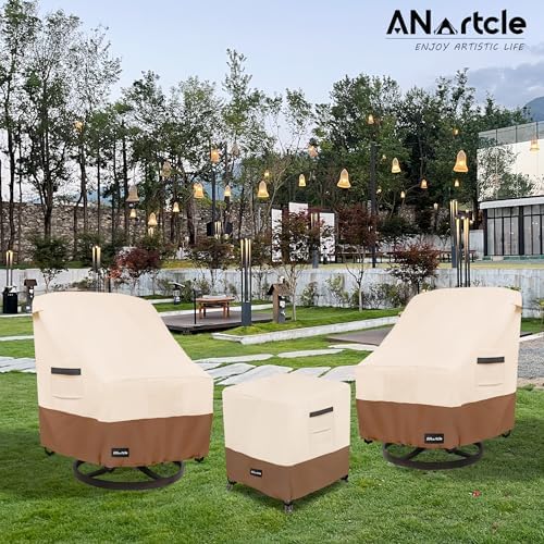 3 Pieces Patio Bistro Sets Cover,600D Waterproof Heavy Duty Patio Furniture Covers,Includes 2 Outdoor Swivel Chair Covers and 1 Patio Wicker Side Table Cover(Beige&brown)