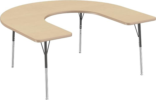 FDP Horseshoe Activity School and Office Table (60 x 66 inch), Standard Legs with Swivel Glides for Collaborative Seating Environments, Adjustable Height 19-30 inches - Maple Top and Maple Edge