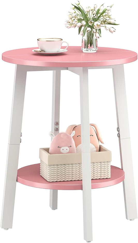 sthmec Side Table, Small Round End Table with Storage Shelf for Small Space, 2-Tier Bedside Table Sofa Couch Table, Round Accent Table Nighstands for Living Room, Bedroom, Pink