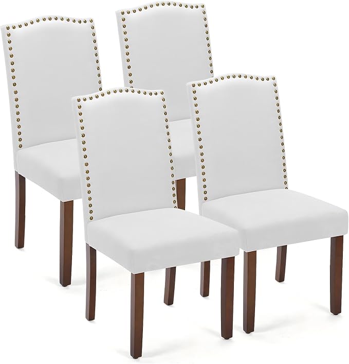 DUMOS Dining Chairs Set of 4, Farmhouse Fabric Upholstered Kitchen Chairs with Wooden Legs and Padded Seat, Modern Accent Chair for Dining Room, Kitchen, Living Room, Restaurant, Light Grey
