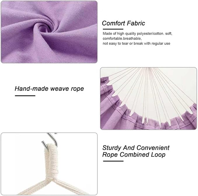 Hammock Chair, Hanging Rope Swing Seat with 2 Cushions,Macrame Hanging Chair Side Pocket with High Load-Bearing Metal Rod,for Indoor, Outdoor, Extra Comfortable (Light Purple)