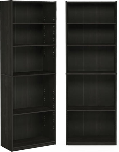 Furinno Jaya Book Shelf Set of 2, 5-Tier Bookshelf, Bookcase, with Adjustable Shelf, 9.5 x 24.5 x 71, for Home Office, Living Room, Espresso