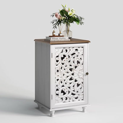 JOINICE Accent Storage Cabinet with Mandala Carved Doors,Small,White | Handcrafted Distressed Carvings,Vintage Floral Design for living room & office & bedroom,Solid Wood Legs,Adjustable Shelves