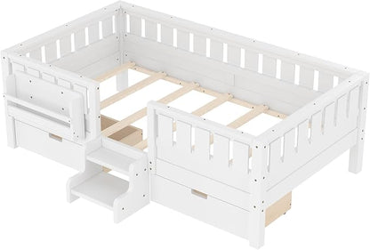 Bellemave Twin Montessori Bed with Stairs, Rails and Slats, Twin Size Montessori Floor Bed with Bookshelf and 2 Storage Drawers, Easy Assemble Beds Frame for Girls, Boys, White