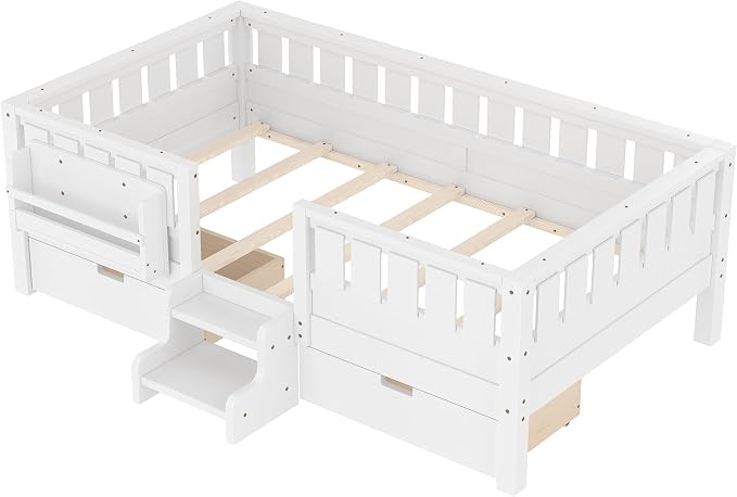 Bellemave Twin Bed with Storage Drawers & Bookshelf, Low Profile Kids Bed Frame with Staircase & Full Length Guardrails, Solid Wood Twin Bed for Kids with Slats Load 300LBS, Easy Assembly, White