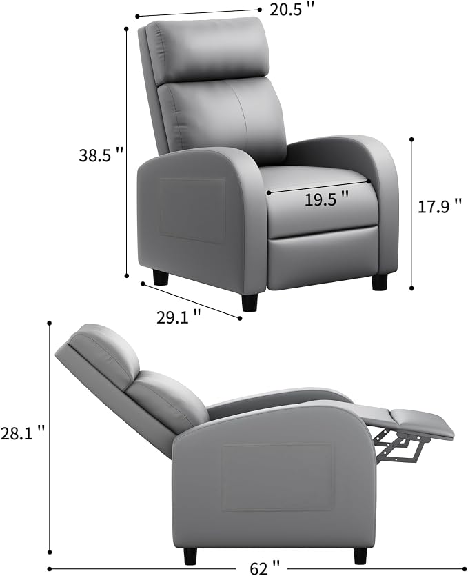 JUMMICO Recliner Chair Adjustable Home Theater Single Recliner Sofa Furniture with Thick Seat Cushion and Backrest Modern Living Room Recliners (Leather, Grey)