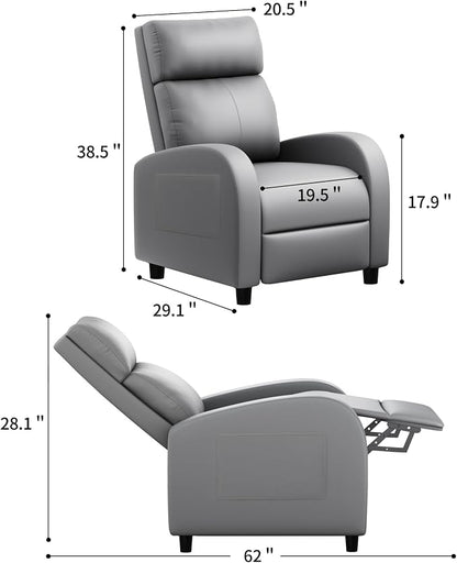 JUMMICO Recliner Chair Adjustable Home Theater Single Recliner Sofa Furniture with Thick Seat Cushion and Backrest Modern Living Room Recliners (Leather, Grey)
