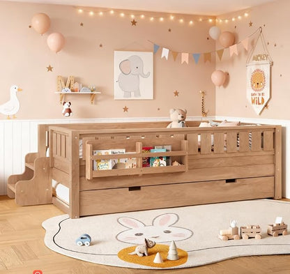 Bellemave Twin Size Kids Bed with high Rails and with Built-in Bookshelf and Trundle for Kids, Girls, Boys, Wood Montessori Bed Without Door, Natural