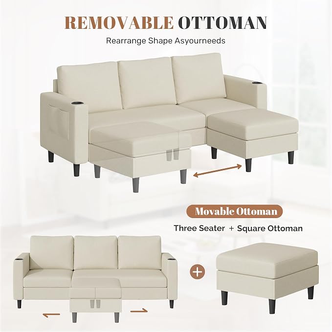 Luxanimarion Upholstered Sectional Sofa and Couches, 78'' L Shaped 3-seat Sofa forLiving Room, Apartment, Lounge,Bedroom-Washable Covers Convertible Sofas(Linen Fabric,Beige