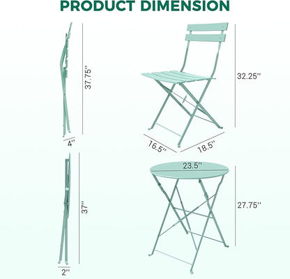 Grand patio 3-piece Steel Foldable Bistro Set, 2 Chairs and 1 Table, Weather-Resistant Outdoor/Indoor Conversation Set for Patio, Yard, Garden-Macaron Blue