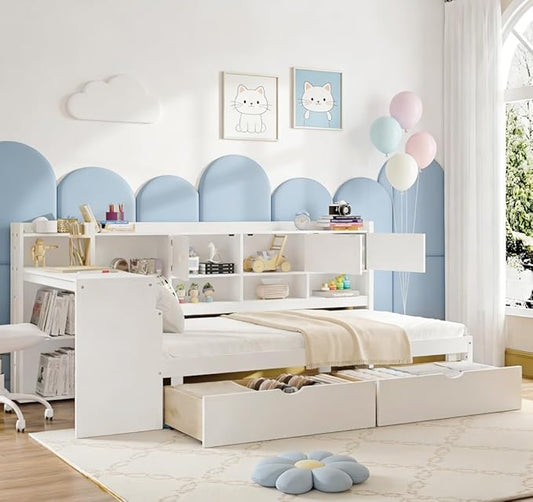Bellemave Twin Size Corner Bed Frame, Twin Size Corner Beds with Storage Cabinets and Desk, Wood Daybed with Bookcase and Drawers, White