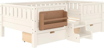 Bellemave Twin Montessori Bed with Stairs, Rails and Slats, Twin Size Montessori Floor Bed with Bookshelf and 2 Storage Drawers, Easy Assemble Beds Frame for Girls, Boys, Beige