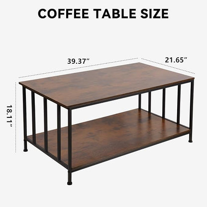 SENIG 2-Tier Coffee Table 39.4" with Slatted Sides Frame, Brown Oak | Industrial Wood and Metal Center Table for Home Office Kitchen 39.4" L x 21.7" W
