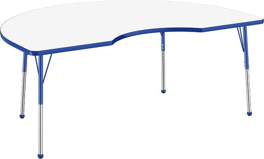 FDP Dry-Erase Kidney Activity School and Office Table (48 x 72 inch), Standard Legs with Ball Glides for Collaborative Spaces, Adjustable Height 19-30 inches - Whiteboard Top, Blue Edge and Blue Legs