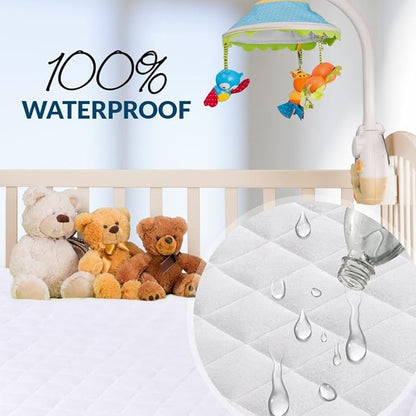 PlushDeluxe Pack and Play Mattress Protector, 39”x27”, Waterproof Playard Pack N Play Mini Crib Cover, Soft Viscose Made from Bamboo with Quilted Terry Cotton Top, Noiseless White Fitted Sheet Style
