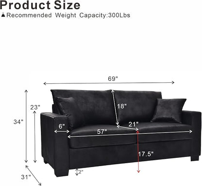 Ball & Cast 69" Loveseat Sofa, Modern Love Seat Couches for Living Room, Upholstered 2 Seater Small Couch with 2 Throw Pillows for Bedroom,Apartment,Office,Easy Assembly,Black