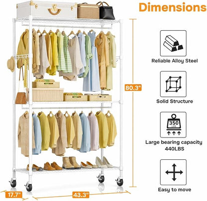 Simple Deluxe Rolling Clothes Rack, Heavy Duty Clothing Rack, 3-Shelf Portable Adjustable Wardrobe Closet with Wheels, Hanging Rods & Side Hooks, 43.3" W x 17.7" D x 80.3" H, White