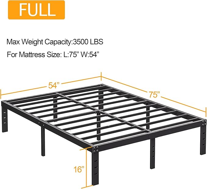 Full Size Bed Frame 16 Inch Tall Heavy Duty Metal Platform Bed Frame, Sturdy Steel Frame,No Box Spring Needed,Noise-Free,Easy Assembly