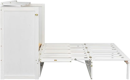 Bellemave Queen Size Murphy Bed, Cabinet Bed with Charging Station and Storage, Farmhouse Murphy Cabinet with Foldable Panel, for Bedroom,Office, Brushed White