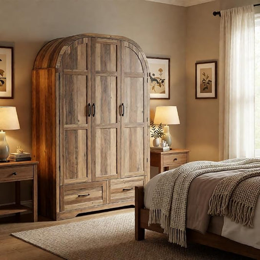 Squireewo 3 Doors Armoire Wardrobe Closet with Mirror and Lights, 71" Farmhouse Arched Wooden Wardrobe Cabinet with 2 Drawers,Hanging Rod, Clothing Storage Closet Cabinet for Bedroom,Light Rustic Oak