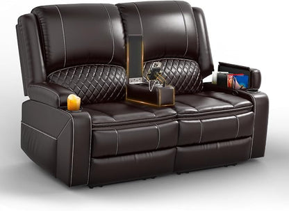 Yolsali Loveseat Recliner Sofa, Manual Wall Hugger Reclining Loveseat with Removable Armrest, 2-Tier Cushions, USB Ports & Cup Holders, PU Leather RV Couch for Travel Trailers/Living Room, Brown
