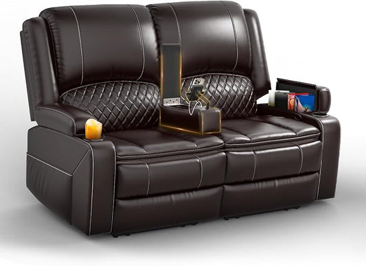 Yolsali Loveseat Recliner Sofa, Manual Wall Hugger Reclining Loveseat with Removable Armrest, 2-Tier Cushions, USB Ports & Cup Holders, PU Leather RV Couch for Travel Trailers/Living Room, Brown