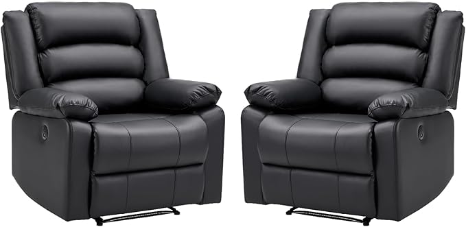 EBELLO Faux Leather Classic Power Recliner Chair, Oversized Electric Overstuffed Reclining Chair with Soft Cushion and Back, Sofa with Comfortable Armchair, Classic Black, 2Pcs