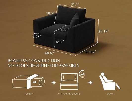 ohllob 48.6" Single Sofa, Small Boneless Couches for Living Room, Cloud Couch for Bedroom, Office, Black