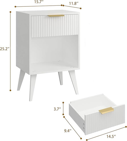 YAUKOMEL Fluted Night Stand with Opening Storage,Mid Century Bedside Table with Drawer,Modern Nightstand with Solid Wood Legs,End Table Side Table for Living Room,Bedroom,White CTG56W