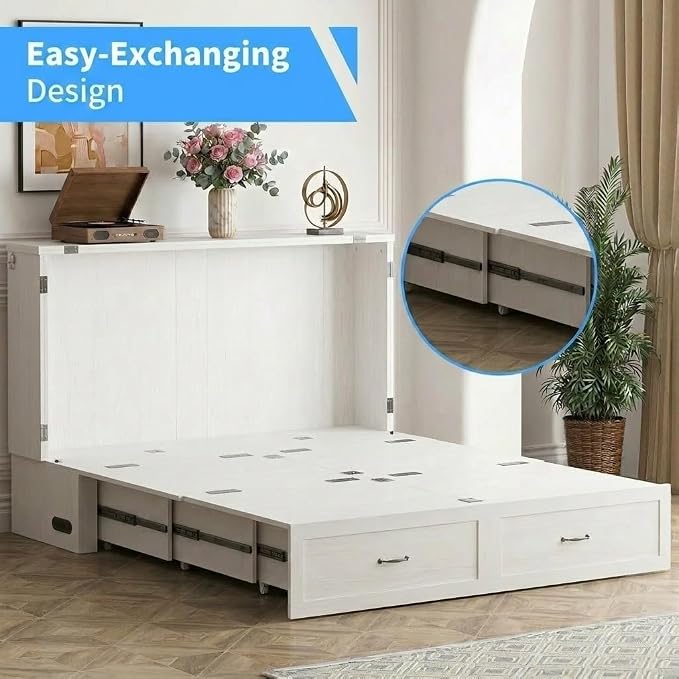 PUREMIND Murphy Bed Queen, Crisscross Frame Cabinet Beds Chest with Charging Station & Storage Drawers, Convertible Hideaway Cabinet Bed for Guest Room, White, Without Mattress