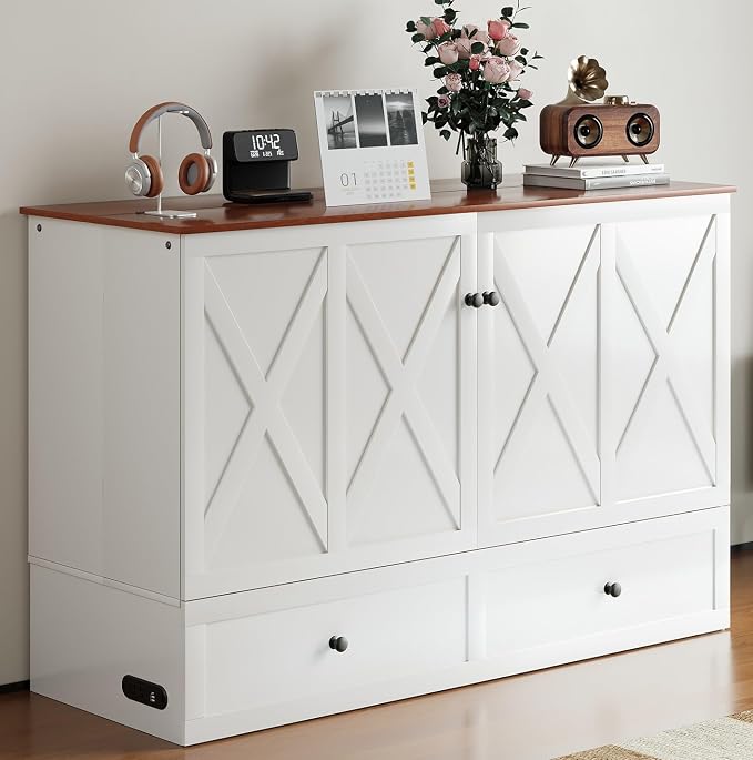 BALUS Full Size Murphy Bed, Murphy Cabinet Bed with USB Charging Station & Storage Drawers, Full Murphy Cabinet Beds for Living Rooom, Apartment, Home Office, Bedroom, No Mattress-White