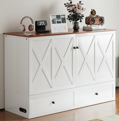 BALUS Full Size Murphy Bed, Murphy Cabinet Bed with USB Charging Station & Storage Drawers, Full Murphy Cabinet Beds for Living Rooom, Apartment, Home Office, Bedroom, No Mattress-White