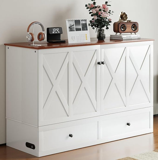 BALUS Full Size Murphy Bed, Murphy Cabinet Bed with USB Charging Station & Storage Drawers, Full Murphy Cabinet Beds for Living Rooom, Apartment, Home Office, Bedroom, No Mattress-White