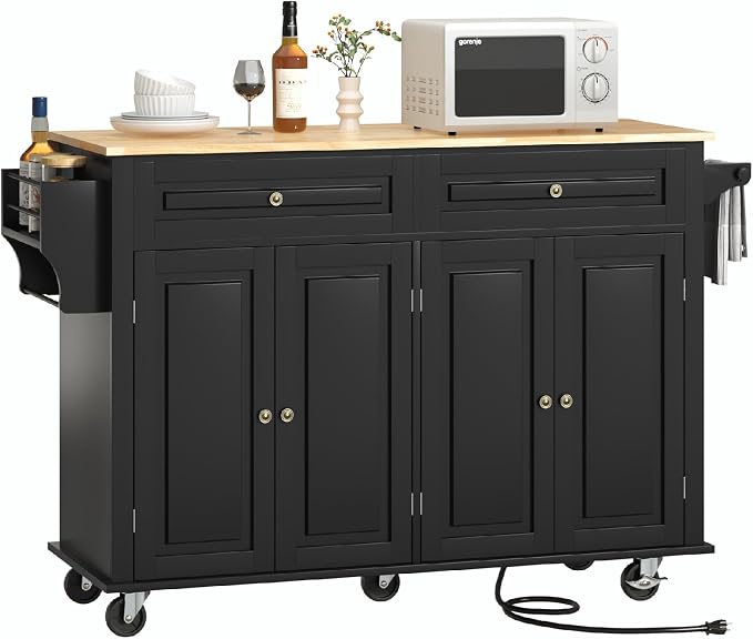 Hlivelood 55" Movable Kitchen Island with Drop Leaf and Power Outlet, Rolling Cart with Storage Cabinet, Island Table on Wheels for Kitchen with 2 Drawers, Spice Rack, Towel Bar, Garage Hook, Black